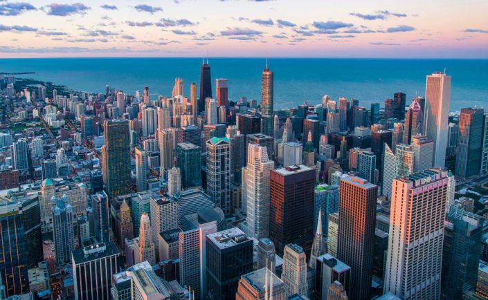 City architecture and skyscrapers near waterfront Chicago